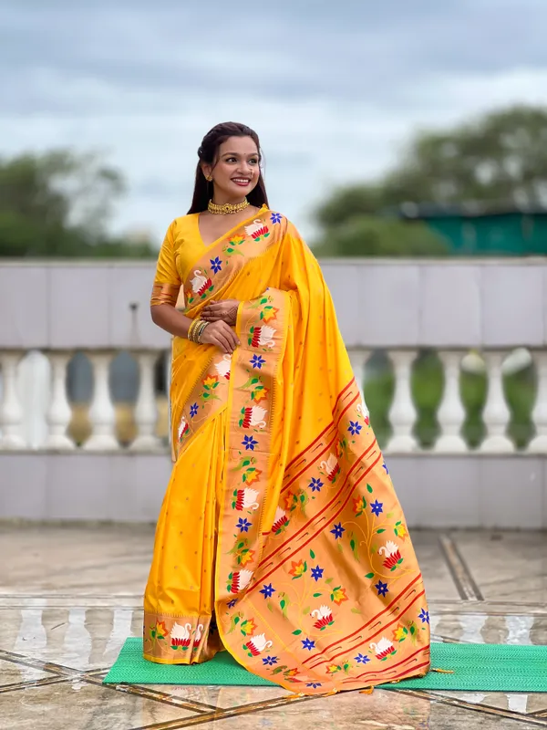 Yellow_Soft_Pethani_Silk_Saree_With_Zari_Weaving_Motifs_Design_And_Meenakari_Weaving_Rich_Pallu_With_Meenakari_Weaving_Border_And_Tassels_Attached_At_Pallu_End_Blouse_For_Women