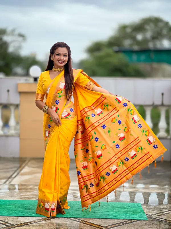 Yellow_Soft_Pethani_Silk_Saree_With_Zari_Weaving_Motifs_Design_And_Meenakari_Weaving_Rich_Pallu_With_Meenakari_Weaving_Border_And_Tassels_Attached_At_Pallu_End_Blouse_For_Women
