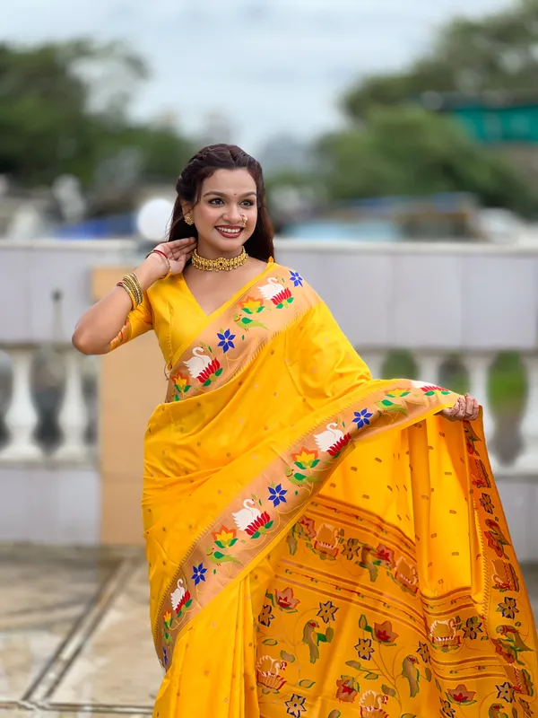 Yellow_Soft_Pethani_Silk_Saree_With_Zari_Weaving_Motifs_Design_And_Meenakari_Weaving_Rich_Pallu_With_Meenakari_Weaving_Border_And_Tassels_Attached_At_Pallu_End_Blouse_For_Women