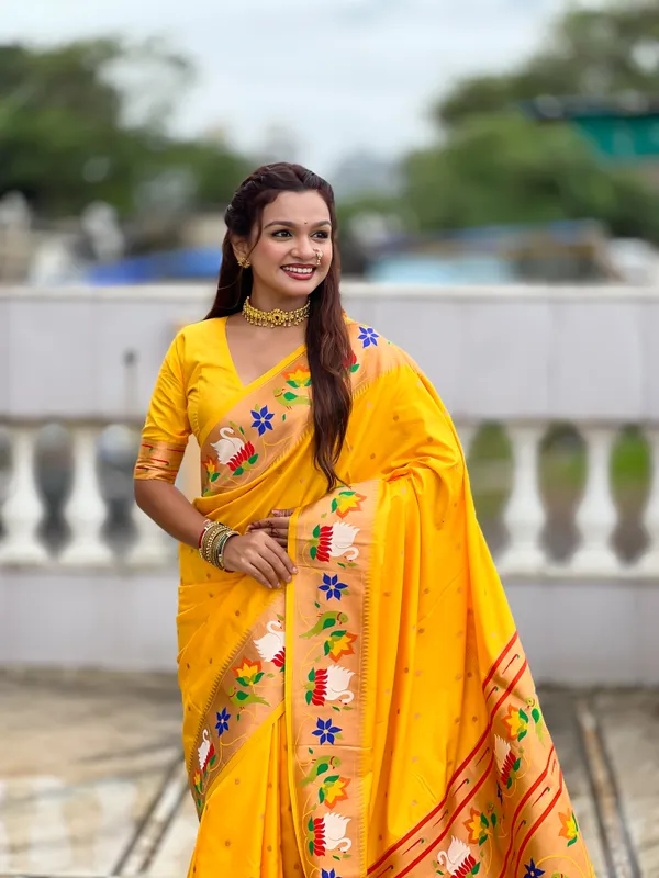 Yellow_Soft_Pethani_Silk_Saree_With_Zari_Weaving_Motifs_Design_And_Meenakari_Weaving_Rich_Pallu_With_Meenakari_Weaving_Border_And_Tassels_Attached_At_Pallu_End_Blouse_For_Women