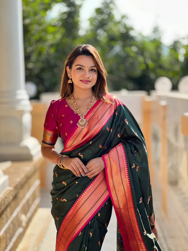 Green_Soft_Pethani_Silk_Saree_With_Zari_Weaving_Motifs_Design_And_Meenakari_Weaving_Rich_Pallu_With_Meenakari_Weaving_Border_And_Tassels_Attached_At_Pallu_End_Blouse_For_Women