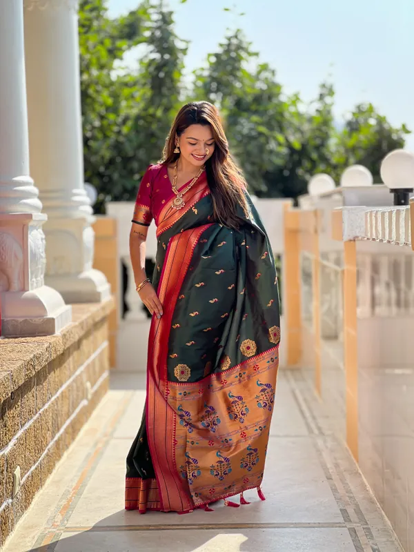 Green_Soft_Pethani_Silk_Saree_With_Zari_Weaving_Motifs_Design_And_Meenakari_Weaving_Rich_Pallu_With_Meenakari_Weaving_Border_And_Tassels_Attached_At_Pallu_End_Blouse_For_Women