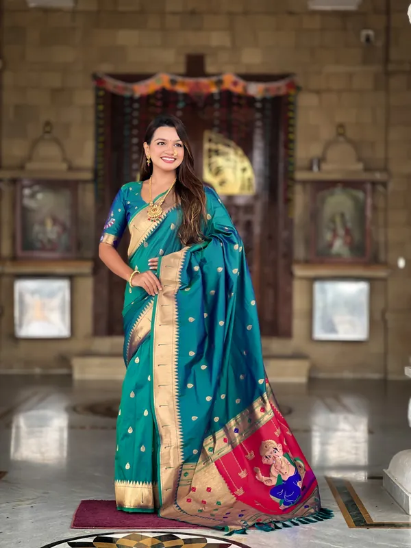 Rama_Soft_Pethani_Silk_Saree_With_Zari_Weaving_Motifs_Design_And_Meenakari_Weaving_Rich_Pallu_With_Meenakari_Weaving_Munia_Border_And_Tassels_Attached_At_Pallu_End_Blouse_For_Women