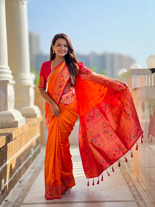 Orange_Soft_Pethani_Silk_Saree_With_Zari_Weaving_Motifs_Design_And_Meenakari_Weaving_Rich_Pallu_With_Meenakari_Weaving_Border_And_Tassels_Attached_At_Pallu_End_Blouse_For_Women