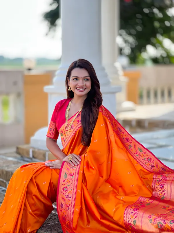Orange_Soft_Pethani_Silk_Saree_With_Zari_Weaving_Motifs_Design_And_Meenakari_Weaving_Rich_Pallu_With_Meenakari_Weaving_Border_And_Tassels_Attached_At_Pallu_End_Blouse_For_Women