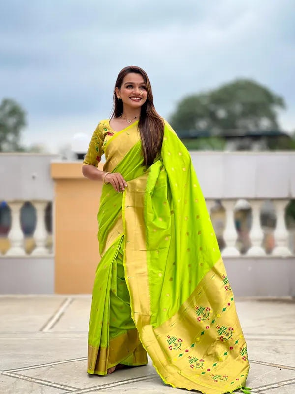Parrot_Green_Soft_Pethani_Silk_Saree_With_Zari_Weaving_Motifs_Design_And_Meenakari_Weaving_Rich_Pallu_With_Meenakari_Weaving_Double_Munia_Border_And_Tassels_Attached_At_Pallu_End_Blouse_For_Women