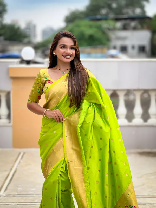 Parrot_Green_Soft_Pethani_Silk_Saree_With_Zari_Weaving_Motifs_Design_And_Meenakari_Weaving_Rich_Pallu_With_Meenakari_Weaving_Double_Munia_Border_And_Tassels_Attached_At_Pallu_End_Blouse_For_Women
