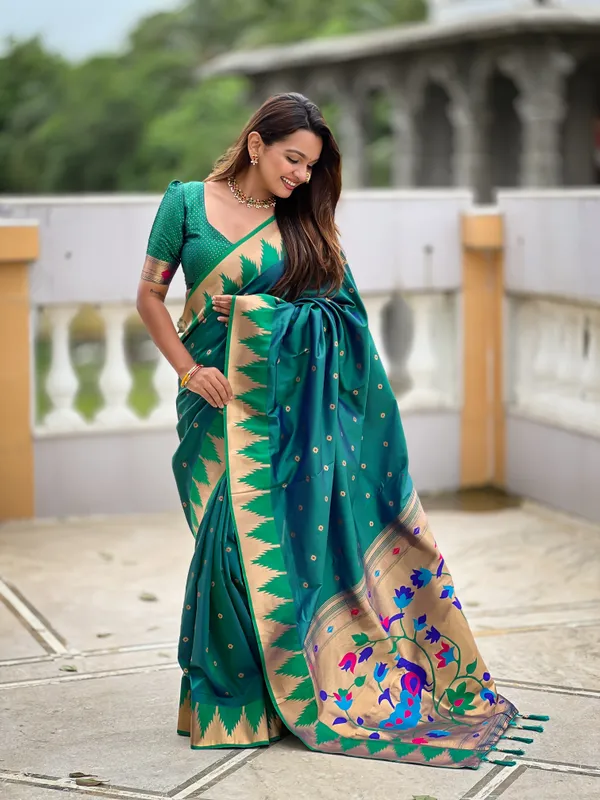 Rama_Soft_Pethani_Silk_Saree_With_Zari_Weaving_Motifs_Design_And_Meenakari_Weaving_Rich_Pallu_With_Temple_Weaving_Border_And_Tassels_Attached_At_Pallu_End_Blouse_For_Women