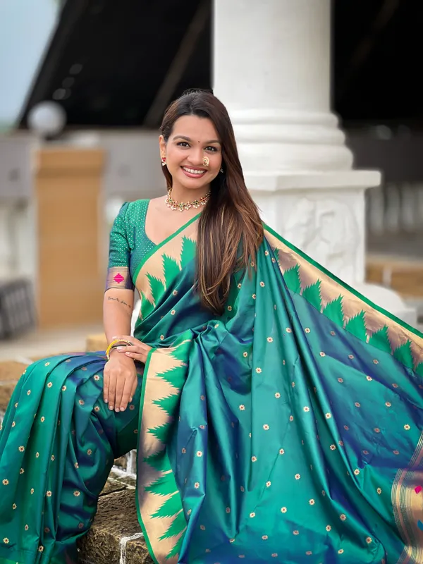 Rama_Soft_Pethani_Silk_Saree_With_Zari_Weaving_Motifs_Design_And_Meenakari_Weaving_Rich_Pallu_With_Temple_Weaving_Border_And_Tassels_Attached_At_Pallu_End_Blouse_For_Women