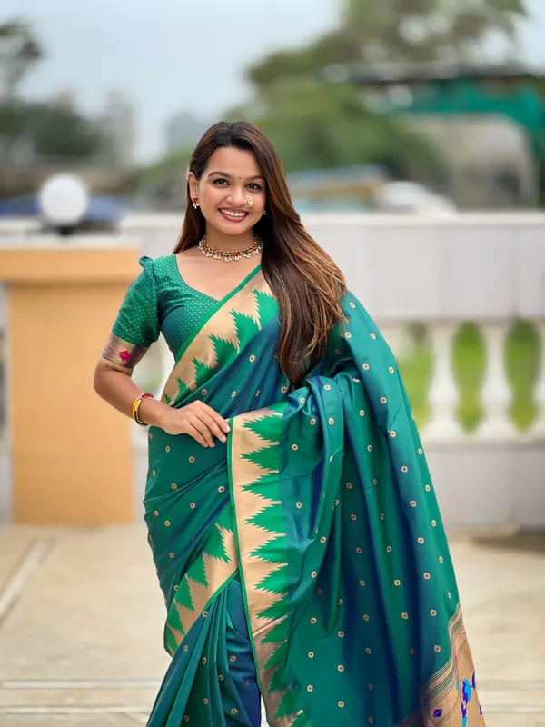Rama_Soft_Pethani_Silk_Saree_With_Zari_Weaving_Motifs_Design_And_Meenakari_Weaving_Rich_Pallu_With_Temple_Weaving_Border_And_Tassels_Attached_At_Pallu_End_Blouse_For_Women