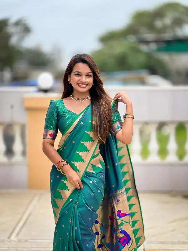 Rama_Soft_Pethani_Silk_Saree_With_Zari_Weaving_Motifs_Design_And_Meenakari_Weaving_Rich_Pallu_With_Temple_Weaving_Border_And_Tassels_Attached_At_Pallu_End_Blouse_For_Women