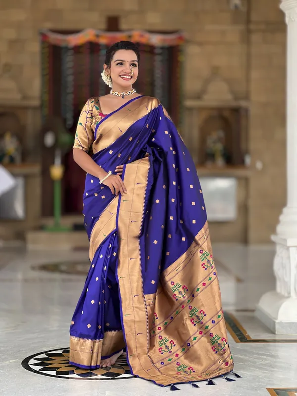 Navy_Blue_Soft_Pethani_Silk_Saree_With_Zari_Weaving_Motifs_Design_And_Meenakari_Weaving_Rich_Pallu_With_Meenakari_Weaving_Double_Munia_Border_And_Tassels_Attached_At_Pallu_End_Blouse_For_Women