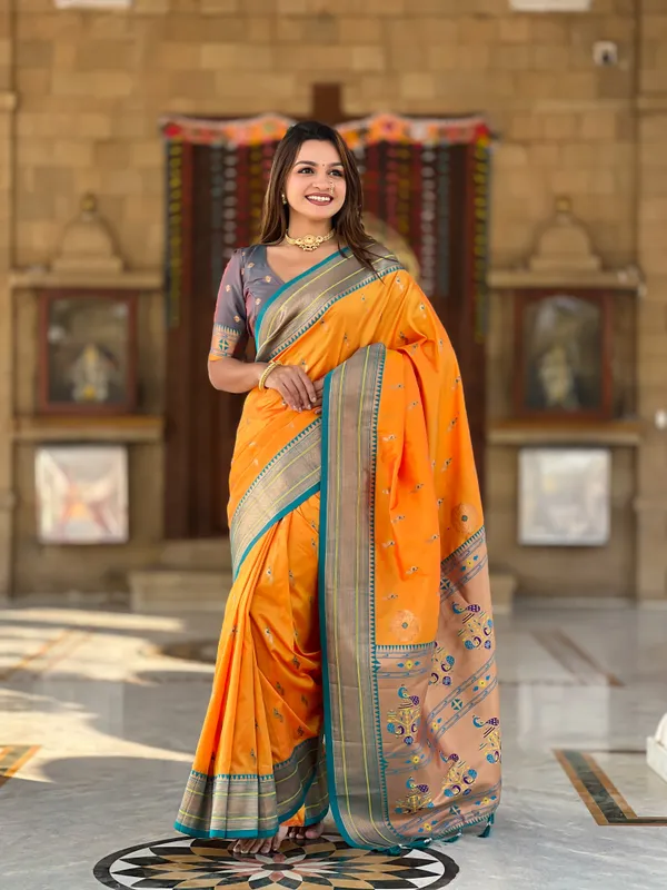 Mustard_Soft_Pethani_Silk_Saree_With_Zari_Weaving_Motifs_Design_And_Meenakari_Weaving_Rich_Pallu_With_Meenakari_Weaving_Border_And_Tassels_Attached_At_Pallu_End_Blouse_For_Women