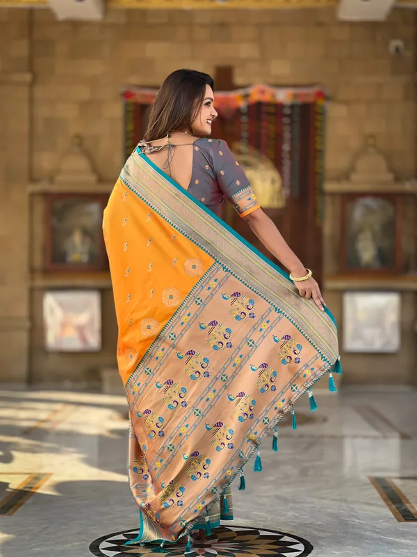 Mustard_Soft_Pethani_Silk_Saree_With_Zari_Weaving_Motifs_Design_And_Meenakari_Weaving_Rich_Pallu_With_Meenakari_Weaving_Border_And_Tassels_Attached_At_Pallu_End_Blouse_For_Women