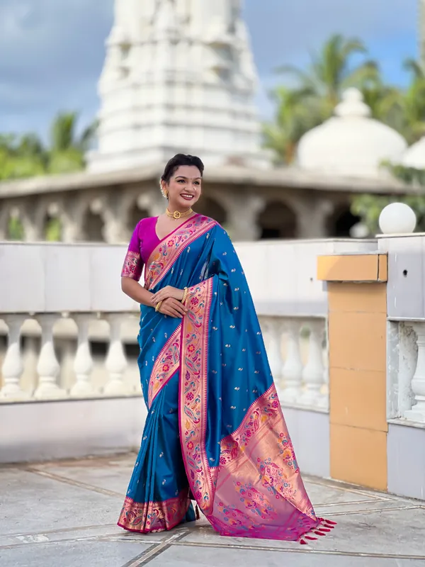 Firozi_Soft_Pethani_Silk_Saree_With_Zari_Weaving_Motifs_Design_And_Meenakari_Weaving_Rich_Pallu_With_Meenakari_Weaving_Border_And_Tassels_Attached_At_Pallu_End_Blouse_For_Women
