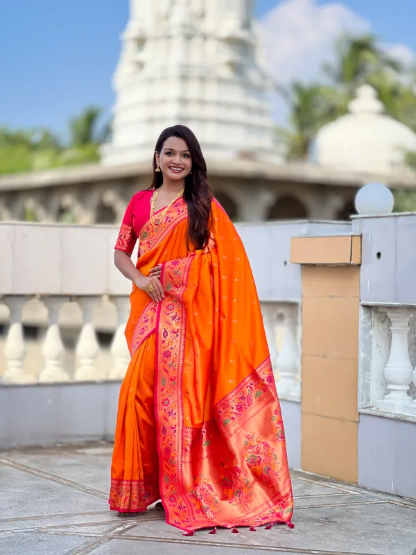 Orange_Soft_Pethani_Silk_Saree_With_Zari_Weaving_Motifs_Design_And_Meenakari_Weaving_Rich_Pallu_With_Meenakari_Weaving_Border_And_Tassels_Attached_At_Pallu_End_Blouse_For_Women