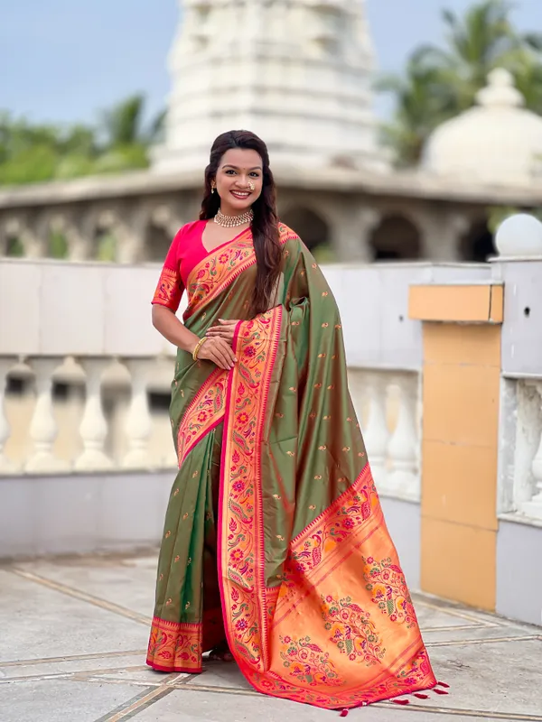 Mehndi_Soft_Pethani_Silk_Saree_With_Zari_Weaving_Motifs_Design_And_Meenakari_Weaving_Rich_Pallu_With_Meenakari_Weaving_Border_And_Tassels_Attached_At_Pallu_End_Blouse_For_Women