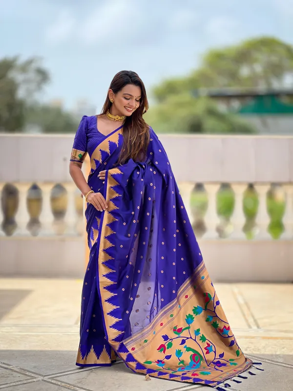 Royal_Blue_Soft_Pethani_Silk_Saree_With_Zari_Weaving_Motifs_Design_And_Meenakari_Weaving_Rich_Pallu_With_Temple_Weaving_Border_And_Tassels_Attached_At_Pallu_End_Blouse_For_Women