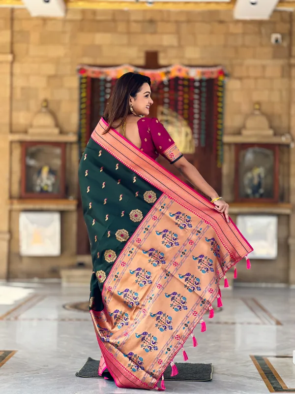 Green_Soft_Pethani_Silk_Saree_With_Zari_Weaving_Motifs_Design_And_Meenakari_Weaving_Rich_Pallu_With_Meenakari_Weaving_Border_And_Tassels_Attached_At_Pallu_End_Blouse_For_Women
