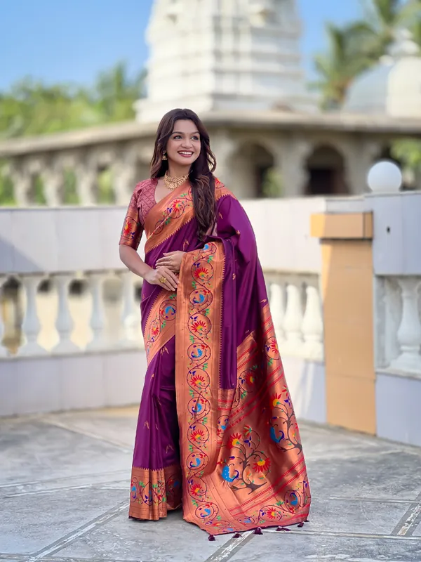 Wine_Soft_Pethani_Silk_Saree_With_Zari_Weaving_Meenakari_Motifs_Design_And_Meenakari_Weaving_Rich_Pallu_With_Meenakari_Weaving_Border_And_Tassels_Attached_At_Pallu_End_Blouse_For_Women