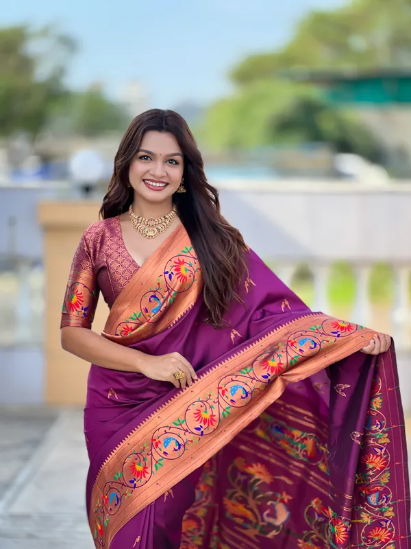 Wine_Soft_Pethani_Silk_Saree_With_Zari_Weaving_Meenakari_Motifs_Design_And_Meenakari_Weaving_Rich_Pallu_With_Meenakari_Weaving_Border_And_Tassels_Attached_At_Pallu_End_Blouse_For_Women