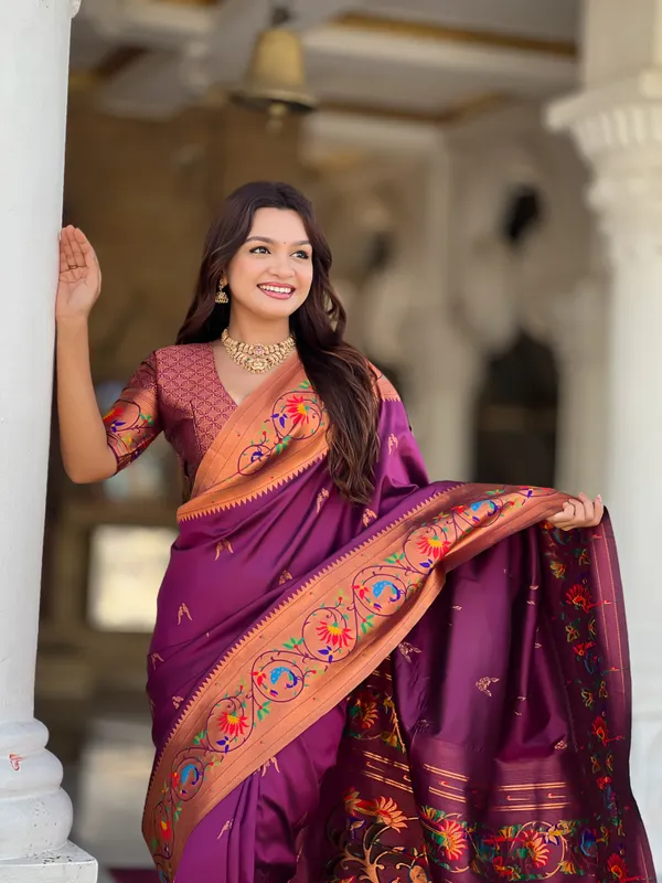Wine_Soft_Pethani_Silk_Saree_With_Zari_Weaving_Meenakari_Motifs_Design_And_Meenakari_Weaving_Rich_Pallu_With_Meenakari_Weaving_Border_And_Tassels_Attached_At_Pallu_End_Blouse_For_Women