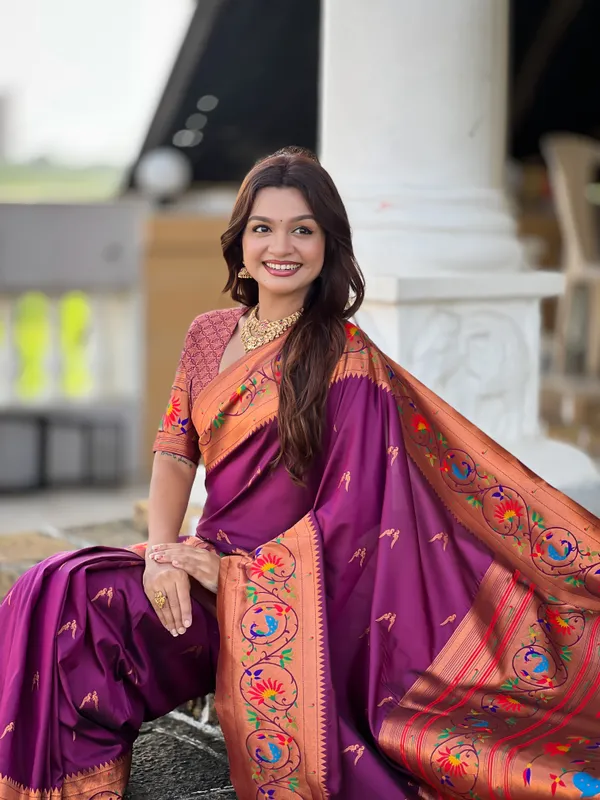 Wine_Soft_Pethani_Silk_Saree_With_Zari_Weaving_Meenakari_Motifs_Design_And_Meenakari_Weaving_Rich_Pallu_With_Meenakari_Weaving_Border_And_Tassels_Attached_At_Pallu_End_Blouse_For_Women