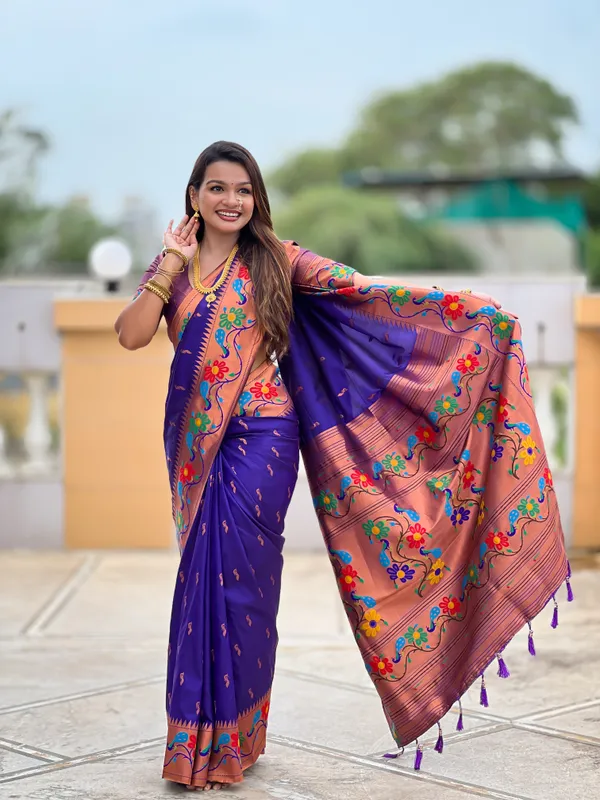 Violet_Soft_Paithani_Silk_Saree_With_Zari_Weaving_Meenakari_Motifs_Design_And_Meenakari_Weaving_Rich_Pallu_With_Meenakari_Weaving_Border_And_Tassels_Attached_At_Pallu_And_Blouse_For_Women