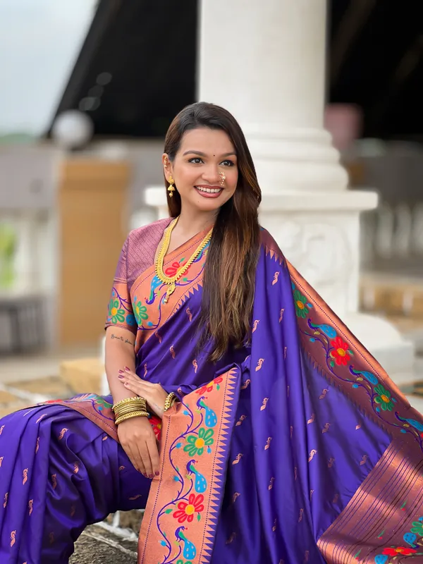 Violet_Soft_Paithani_Silk_Saree_With_Zari_Weaving_Meenakari_Motifs_Design_And_Meenakari_Weaving_Rich_Pallu_With_Meenakari_Weaving_Border_And_Tassels_Attached_At_Pallu_And_Blouse_For_Women
