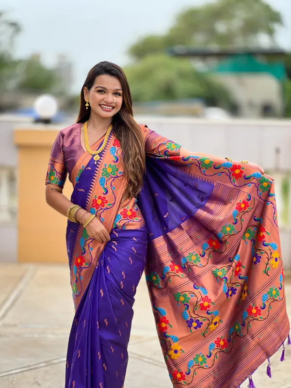Violet_Soft_Paithani_Silk_Saree_With_Zari_Weaving_Meenakari_Motifs_Design_And_Meenakari_Weaving_Rich_Pallu_With_Meenakari_Weaving_Border_And_Tassels_Attached_At_Pallu_And_Blouse_For_Women