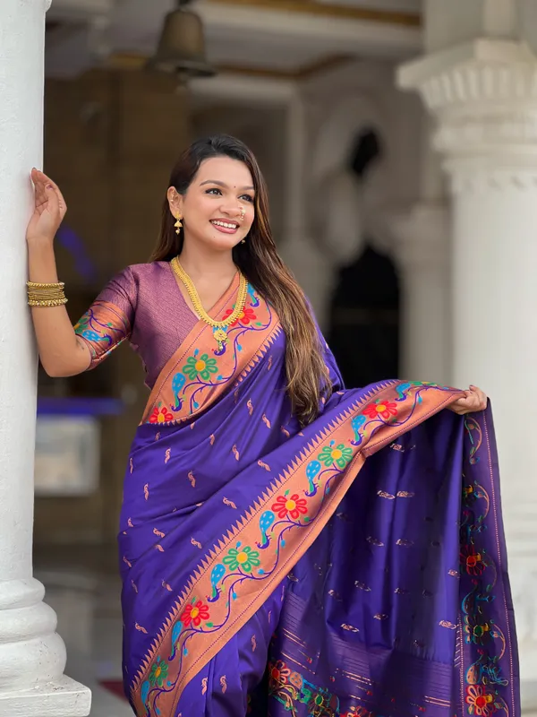 Violet_Soft_Paithani_Silk_Saree_With_Zari_Weaving_Meenakari_Motifs_Design_And_Meenakari_Weaving_Rich_Pallu_With_Meenakari_Weaving_Border_And_Tassels_Attached_At_Pallu_And_Blouse_For_Women
