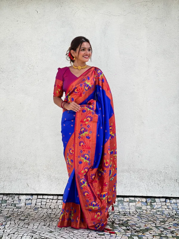 Blue_Soft_Pethani_Silk_Saree_With_Zari_Weaving_Meenakari_Motifs_Design_And_Meenakari_Weaving_Rich_Pallu_With_Meenakari_Weaving_Border_And_Tassels_Attached_At_Pallu_End_Blouse_For_Women
