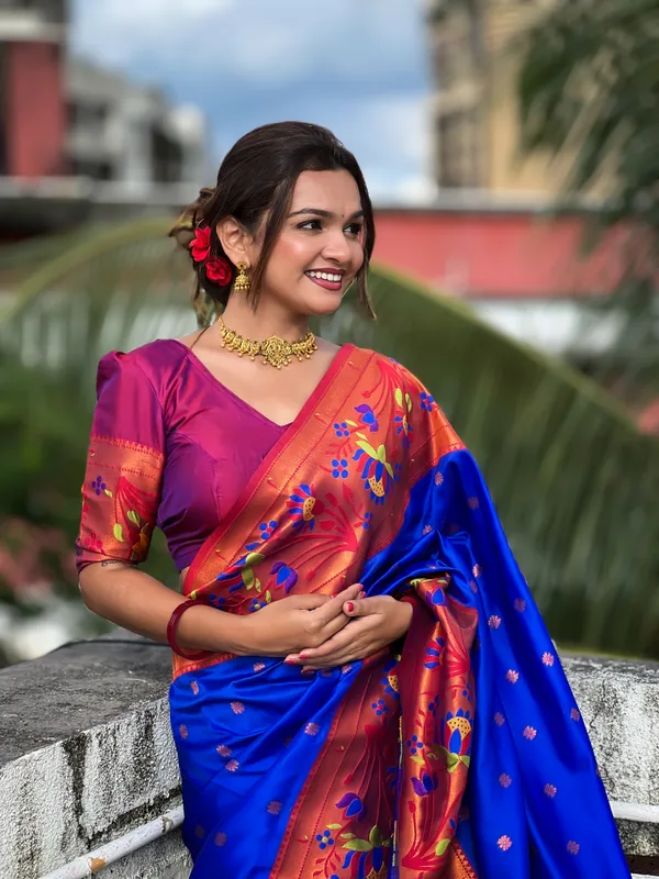 Blue_Soft_Pethani_Silk_Saree_With_Zari_Weaving_Meenakari_Motifs_Design_And_Meenakari_Weaving_Rich_Pallu_With_Meenakari_Weaving_Border_And_Tassels_Attached_At_Pallu_End_Blouse_For_Women