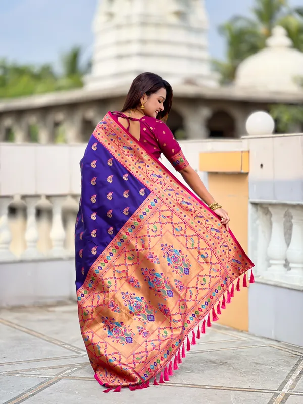 Violet_Soft_Pethani_Silk_Saree_With_Zari_Weaving_Motifs_Design_And_Meenakari_Weaving_Rich_Pallu_With_Meenakari_Weaving_Border_And_Tassels_Attached_At_Pallu_End_Blouse_For_Women