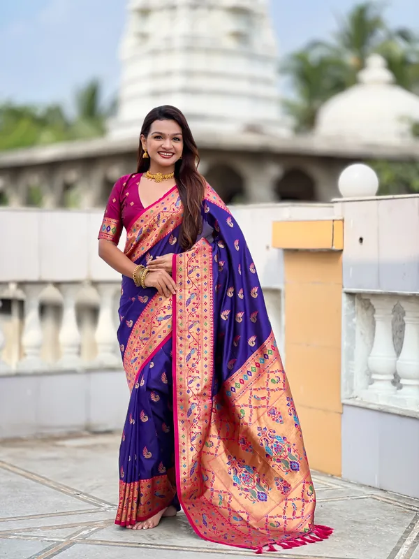 Violet_Soft_Pethani_Silk_Saree_With_Zari_Weaving_Motifs_Design_And_Meenakari_Weaving_Rich_Pallu_With_Meenakari_Weaving_Border_And_Tassels_Attached_At_Pallu_End_Blouse_For_Women