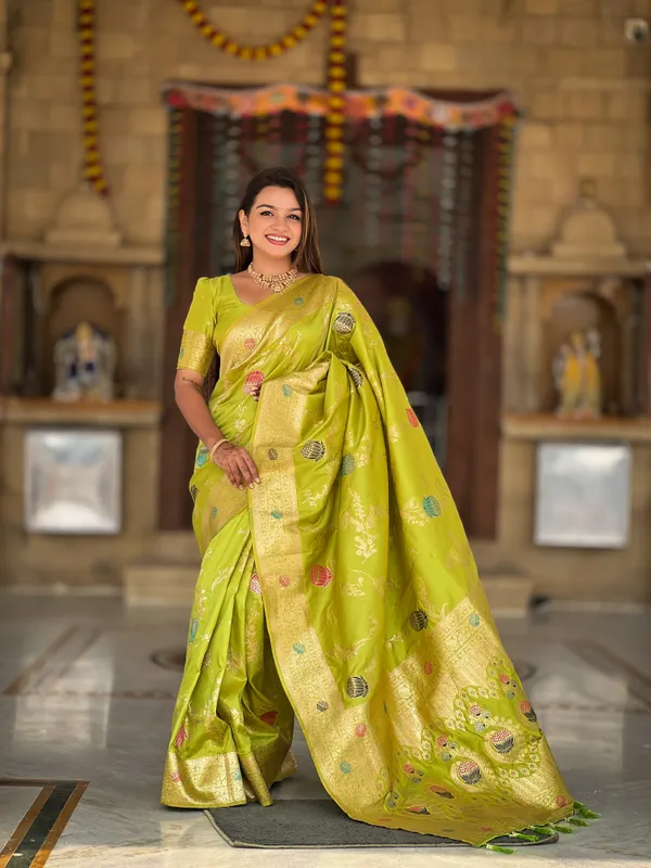 Parrot_Green_Soft_Banarasi_Silk_Saree_With_Zari_Weaving_Meenakari_Touchup_Design_All_Over_The_Saree_And_Meenakari_Weaving_Rich_Pallu_For_Women