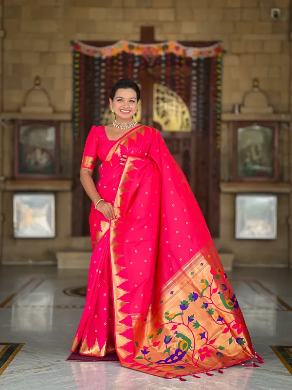 Rani_Pink_Soft_Pethani_Silk_Saree_With_Zari_Weaving_Motifs_Design_And_Meenakari_Weaving_Rich_Pallu_With_Temple_Weaving_Border_And_Tassels_Attached_At_Pallu_End_Blouse_For_Women