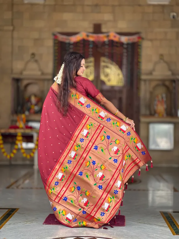 Maroon_Soft_Pethani_Silk_Saree_With_Zari_Weaving_Motifs_Design_And_Meenakari_Weaving_Rich_Pallu_With_Meenakari_Weaving_Border_And_Tassels_Attached_At_Pallu_End_Blouse_For_Women