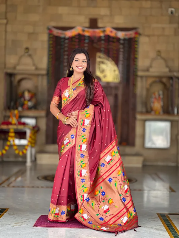 Maroon_Soft_Pethani_Silk_Saree_With_Zari_Weaving_Motifs_Design_And_Meenakari_Weaving_Rich_Pallu_With_Meenakari_Weaving_Border_And_Tassels_Attached_At_Pallu_End_Blouse_For_Women