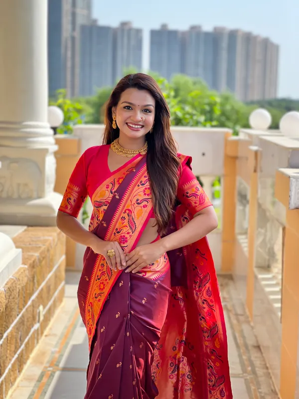 Wine_Soft_Pethani_Silk_Saree_With_Zari_Weaving_Motifs_Design_And_Meenakari_Weaving_Rich_Pallu_With_Meenakari_Weaving_Border_And_Tassels_Attached_At_Pallu_End_Blouse_For_Women