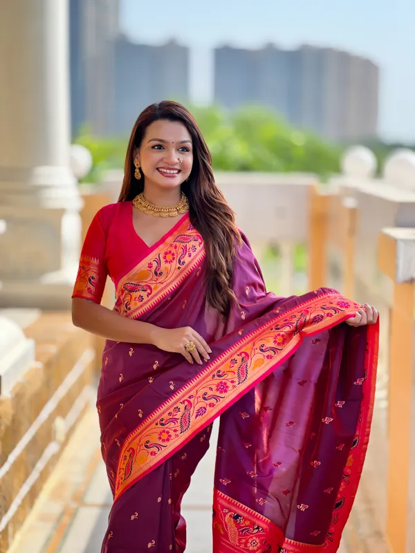 Wine_Soft_Pethani_Silk_Saree_With_Zari_Weaving_Motifs_Design_And_Meenakari_Weaving_Rich_Pallu_With_Meenakari_Weaving_Border_And_Tassels_Attached_At_Pallu_End_Blouse_For_Women