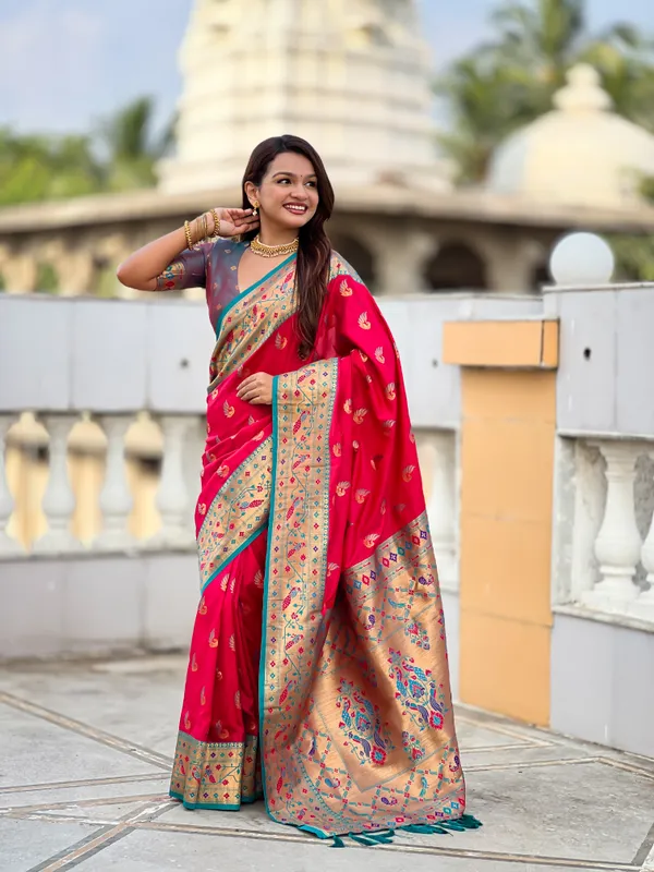 Rani_Pink_Soft_Pethani_Silk_Saree_With_Zari_Weaving_Motifs_Design_And_Meenakari_Weaving_Rich_Pallu_With_Meenakari_Weaving_Border_And_Tassels_Attached_At_Pallu_End_Blouse_For_Women
