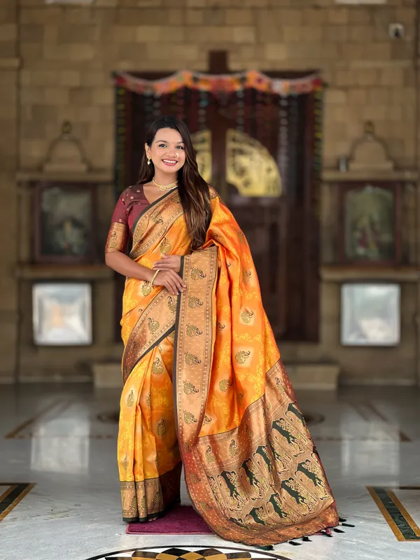 Mustard_Soft_Banarasi_Silk_Saree_With_Zari_Weaving_Meenakari_Design_All_Over_The_Saree_And_Contrast_Weaving_Rich_Pallu_With_Contrast_Weaving_Border_And_Tassels_Attached_At_Pallu_And_Blouse_For_Women
