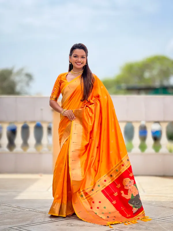 Orange_Soft_Pethani_Silk_Saree_With_Zari_Weaving_Motifs_Design_And_Meenakari_Weaving_Rich_Pallu_With_Meenakari_Weaving_Munia_Border_And_Tassels_Attached_At_Pallu_End_Blouse_For_Women