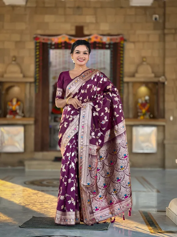 Wine_Soft_Banarasi_Silk_Saree_With_Zari_Weaving_Meenakari_Touchup_Design_All_Over_The_Saree_And_Meenakari_Weaving_Rich_Pallu_For_Women