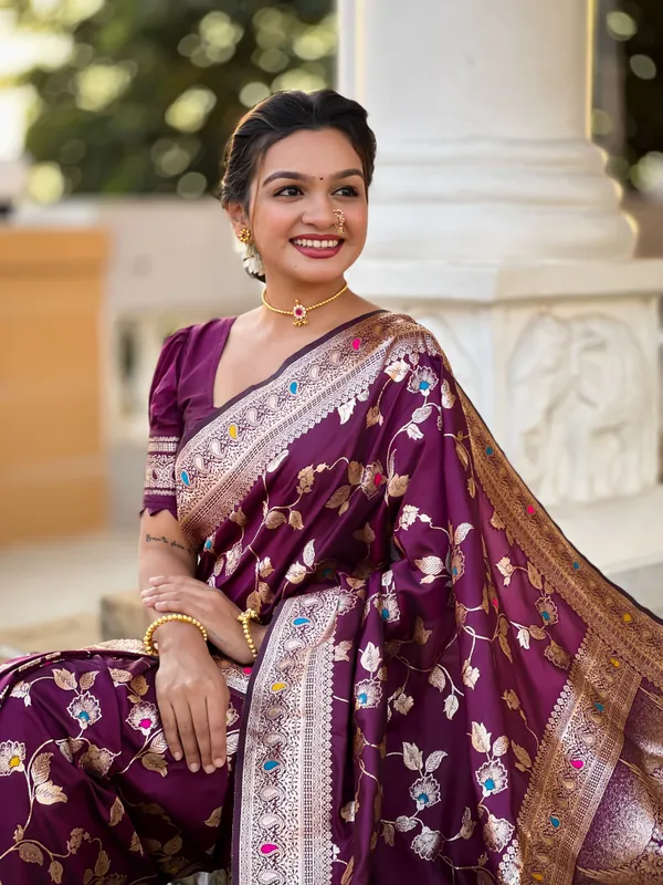 Wine_Soft_Banarasi_Silk_Saree_With_Zari_Weaving_Meenakari_Touchup_Design_All_Over_The_Saree_And_Meenakari_Weaving_Rich_Pallu_For_Women