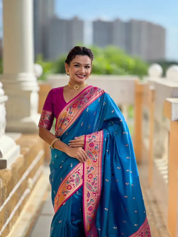 Firozi_Soft_Pethani_Silk_Saree_With_Zari_Weaving_Motifs_Design_And_Meenakari_Weaving_Rich_Pallu_With_Meenakari_Weaving_Border_And_Tassels_Attached_At_Pallu_End_Blouse_For_Women