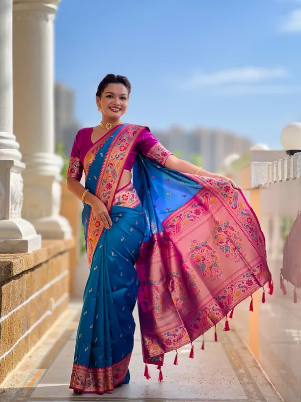 Firozi_Soft_Pethani_Silk_Saree_With_Zari_Weaving_Motifs_Design_And_Meenakari_Weaving_Rich_Pallu_With_Meenakari_Weaving_Border_And_Tassels_Attached_At_Pallu_End_Blouse_For_Women