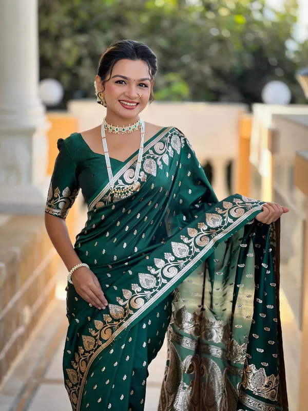 Green_Soft_Banarasi_Silk_Saree_With_Zari_Weaving_Design_All_Over_The_Saree_And_Zari_Weaving_Rich_Pallu_With_Meenakari_Weaving_Border_And_Tassels_Attached_At_Pallu_End_Blouse_For_Women