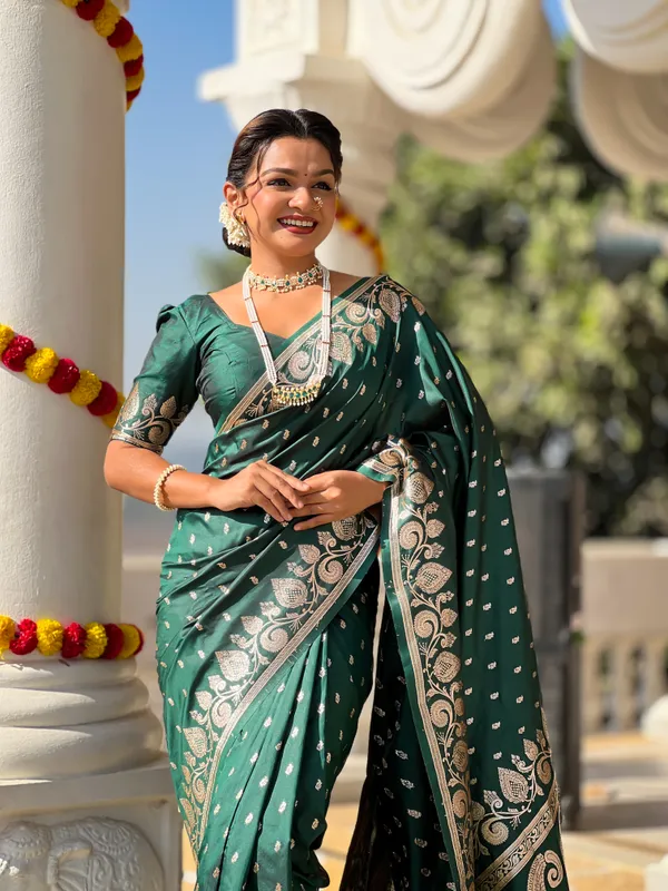 Green_Soft_Banarasi_Silk_Saree_With_Zari_Weaving_Design_All_Over_The_Saree_And_Zari_Weaving_Rich_Pallu_With_Meenakari_Weaving_Border_And_Tassels_Attached_At_Pallu_End_Blouse_For_Women